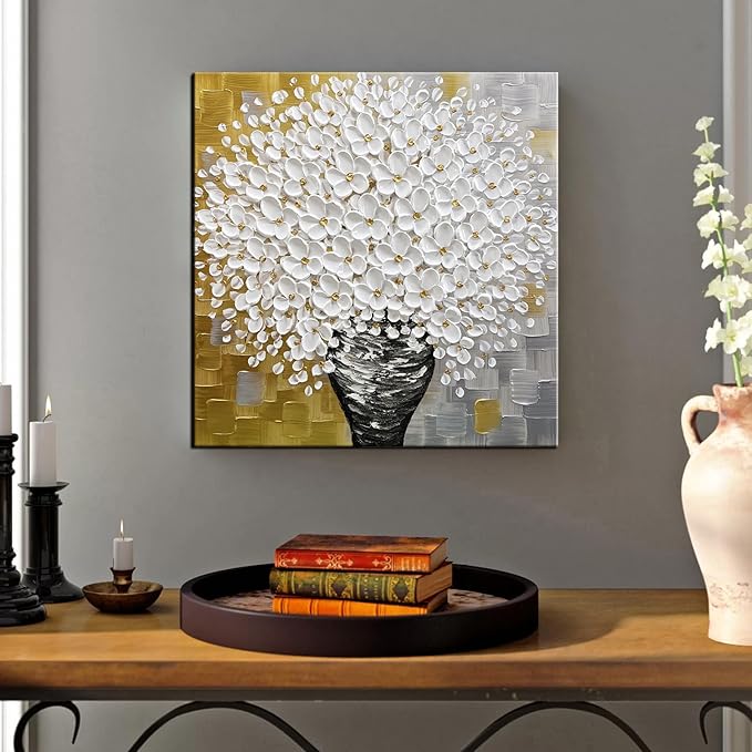 YaSheng Art- 3D Thick Texture White Canvas Wall Art Hand-Painted Minimalism Abstract Artwork Oil Painting Home Decorations Modern bedroom Wall Art Ready to Hang 24x24inch