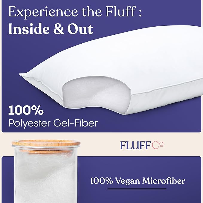 FluffCo Down Alternative Pillows Standard/Queen Size Set of 2 - Queen Bed Pillows for Sleeping - Made in USA - Cooling Surface and Machine Washable for Side, Back, and Stomach Sleepers