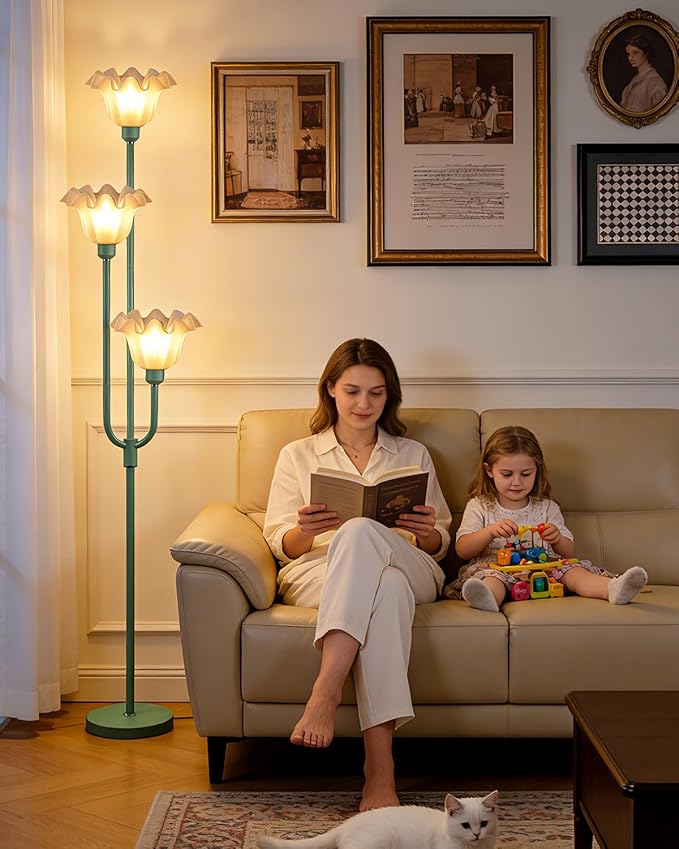 Flower Floor Lamp for Living Room, Dimmable Vintage Floor Lamp with Shelf & LED Bulbs, 3 Light 3000K Soft Warmwhite Mid Century Gold Standing Lamp, Floral Tall Lamp for Bedroom Office-Green