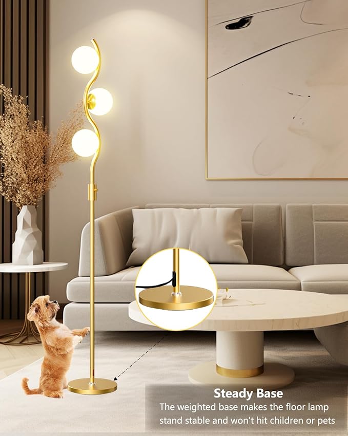Lightdot 60IN Gold Floor Lamp Stepless Dimmable Globe Floor Lamps with 3Pcs 3000K Bulbs Included Eye-Friendly Mid Century Standing Lamps for Living Room/Bedroom/Sofa Beside/Corner Decor