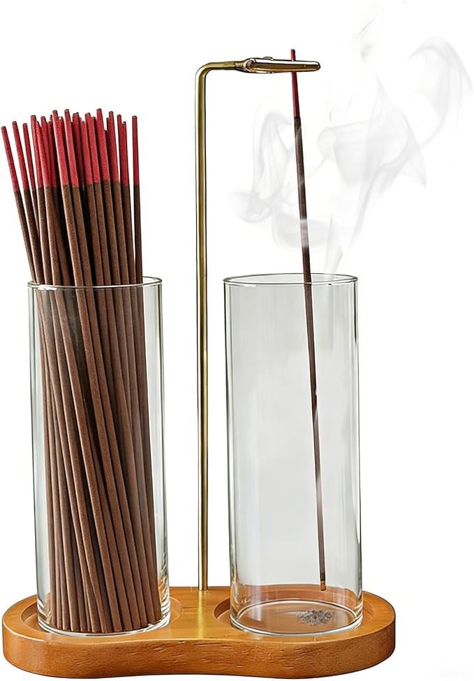 Incense Holder, 2-in-1 Wooden Incense Holder for Sticks with Glass Ash Catcher, Anti-ash Incense Burner for Meditation Yoga Spa Room Decor
