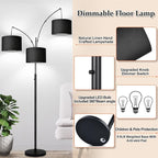 Dimmable Floor Lamp - 3 Lights Arc Floor Lamps for Living Room, 1000LM Modern Tall Standing Lamp With Black Shades & Heavy Base, Mid Century Tree Floor Lamp for Bedroom Office, 3 LED Bulbs Included