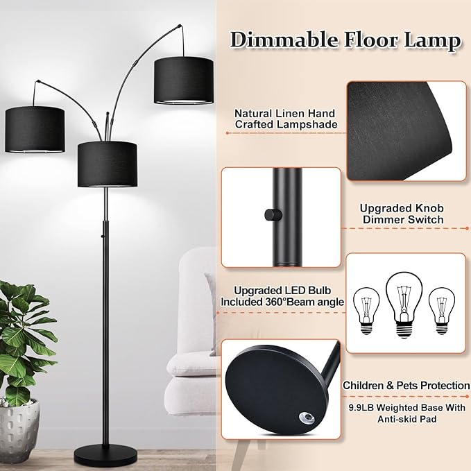 Dimmable Floor Lamp - 3 Lights Arc Floor Lamps for Living Room, 1000LM Modern Tall Standing Lamp With Black Shades & Heavy Base, Mid Century Tree Floor Lamp for Bedroom Office, 3 LED Bulbs Included