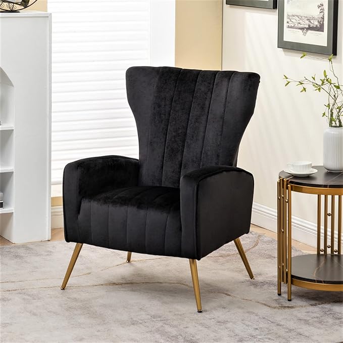 Modern Velvet Accent Chair, Channel Tufted Bedroom, Office or Living Room Furniture with Elegant Metal Legs, 26" Wide Armchair, Black