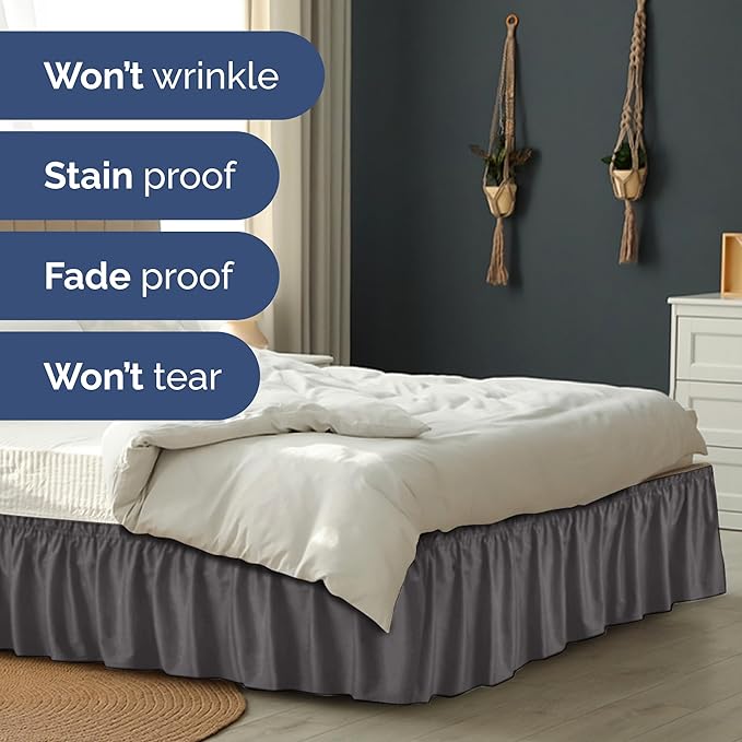 Wrap Around Dust Ruffle Bed Skirt - Dark Grey - for Queen Size Beds with 21 Inch Drop - Elastic Strap - Adjustable Pleated Bedskirt with Brushed Fabric and Wrinkle Free - for Women, Men, Kids & Teens