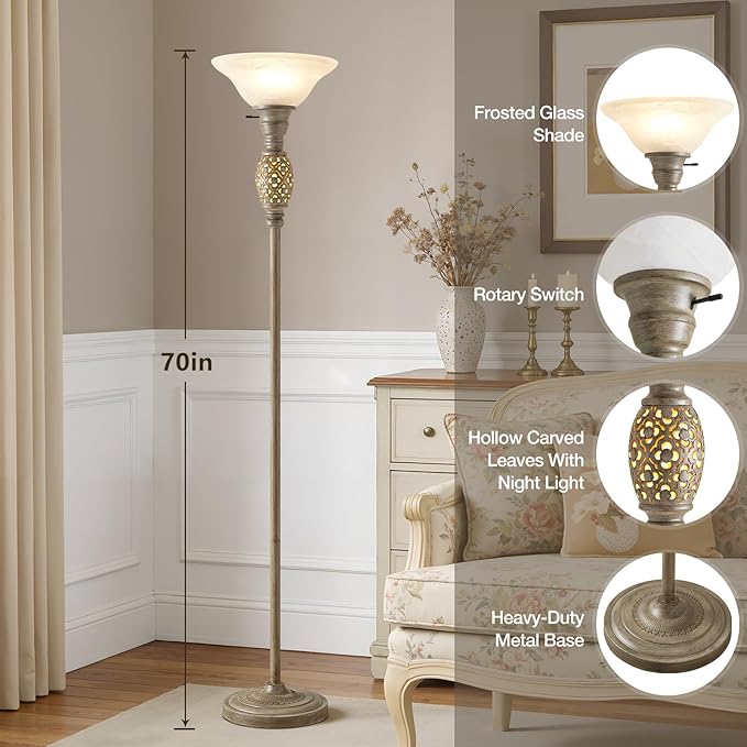 70" Torchiere Floor Lamps with NightLight - Victorian Style Vintage Floor Lamp for Living Room, Bedroom, Office - Retro Floor Lamps with Rotary Switch & Etched Glass Shade, Home Decor, Bulb Included