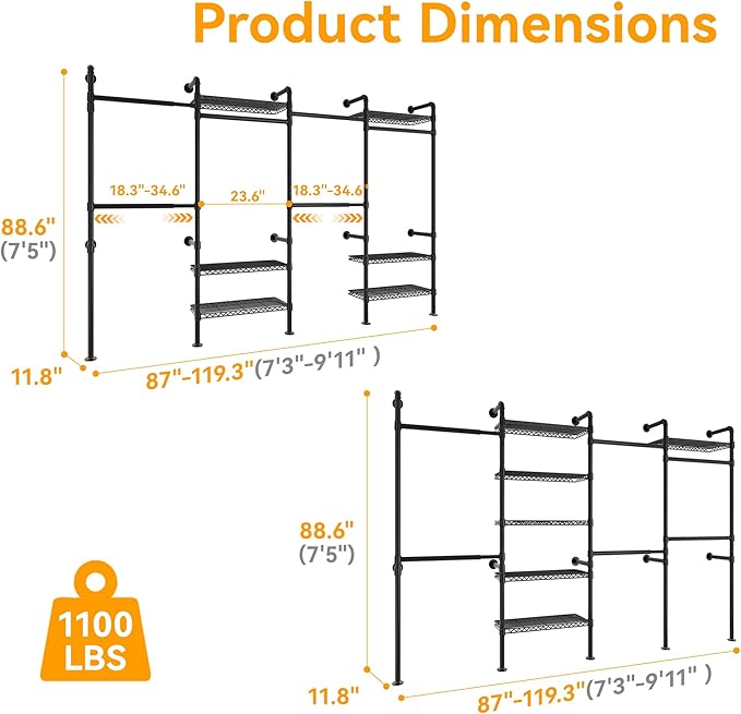 W4 Industrial Pipe Clothing Rack Wall Mounted Closet System Expandable Clothes Rack for Hanging Clothes, Heavy Duty Garment Rack Adjustable for Walk in Closet, Black