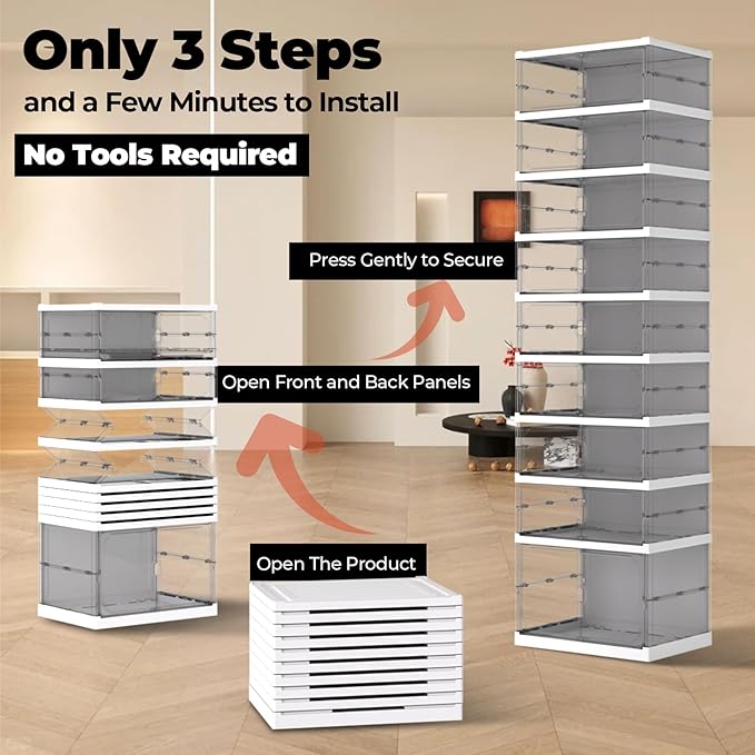 FAHKNS Foldable Shoe Rack,Portable Shoe Organizer Storage Cabinet with Magnetic Clear Door,No Assembly for Entryway Living Room and Bedroom 9 Tiers 16 Pairs