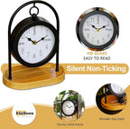 Metal Black Farmhouse Desk Clock with Wooden Base, Decorative Table Clock for Living Room, Silent Mantel Clocks Shelf Decor Battery Operated, 10 x 8 x 4.5 Inches, Black