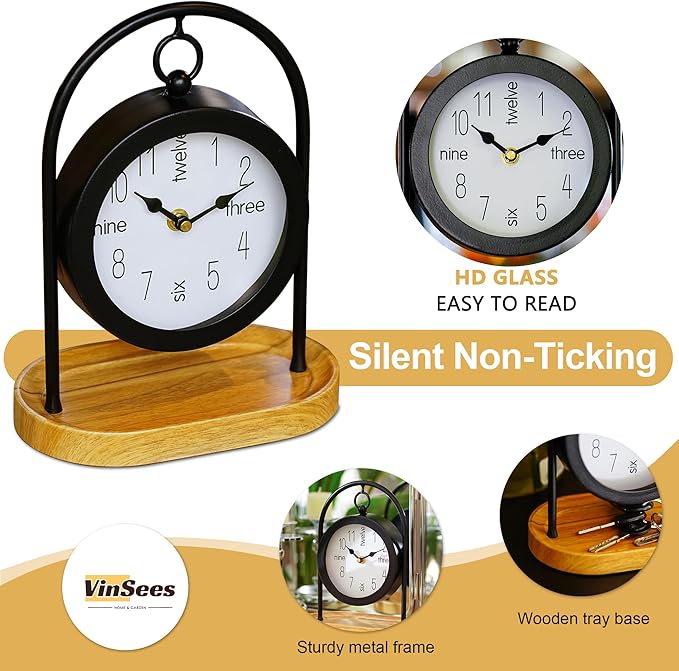 Metal Black Farmhouse Desk Clock with Wooden Base, Decorative Table Clock for Living Room, Silent Mantel Clocks Shelf Decor Battery Operated, 10 x 8 x 4.5 Inches, Black