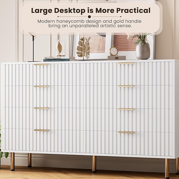 GarveeHome 8 Drawer Dresser for Bedroom, Fluted 55 in Wide Modern Chest of Drawers with Deep Drawers, Wooden Dresser Organizer for Living Room, Hallway, Kids Room, White
