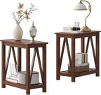 ChooChoo Farmhouse End Table Set of 2, Rustic Vintage Narrow End Side Table with Storage Shelf for Small Spaces, Nightstand Sofa Table for Living Room, Bedroom Walnut