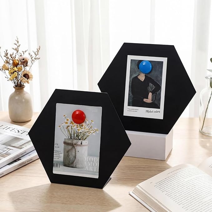 Shimeyao 2 Pcs Magnetic Bulletin Board for Tabletops with 8 Magnets Memo Display Easel Stand for Home Office School Kitchen Table Supplies(Hexagon,Black,10 x 8.5 Inch)