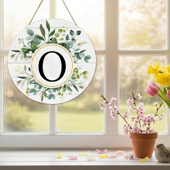 Smile Monogram Letter O Wreaths Wooden Welcome Sign, Family Last Name Initial Front Door Wall Decoration, Floral Spring Summer Porch Rustic Home Kitchen Decor
