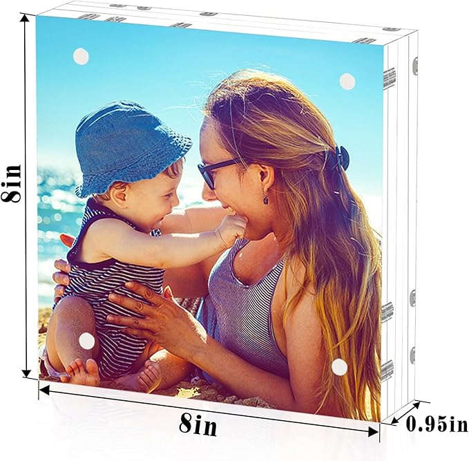 HELPLEX 2 Pack 8x8 Acrylic Picture Frames, 24mm Thicker Square Frameless Clear Frame Double Sided Magnetic Frame, Free Standing Desktop Display Stand Acrylic Frames