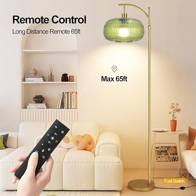 Glass Floor Lamp for Living Room,Bedroom,Gold Dimmable Standing Lamp with Remote,Green Mid Century Modern Brass Vintage Tall Lamp Floor Lamps Arc Boho Floor Light Lamp Bohemian