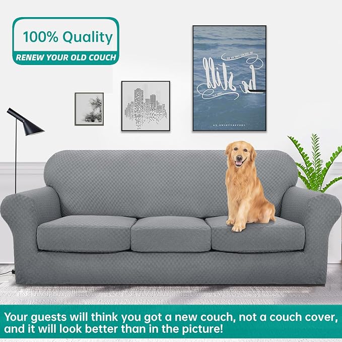 YEMYHOM Latest Checkered 4 Pieces Couch Covers for 3 Cushion Couch Extra Large High Stretch Thickened Sofa Cover for Dogs Pets Furniture Protector Sofa Slipcovers (Light Gray), 91"-110"(3 Cushions)