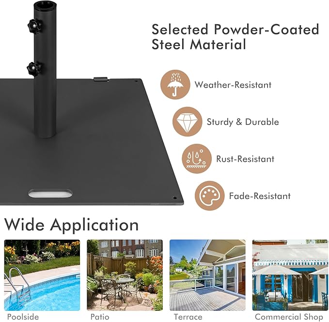 Giantex 50 lbs Umbrella Base - 24 inch Square Umbrella Stand with 2 Rollers, Heavy Duty Steel Umbrella Base Weight for 1.6''-1.9'' Poles, 2 Knobs, Patio Umbrella Holder for Garden Deck Poolside, Black