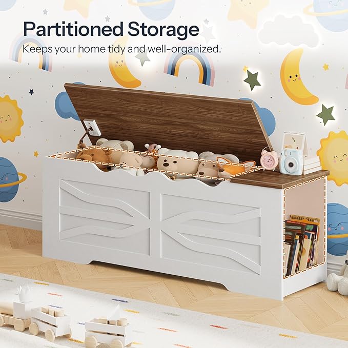 HOOBRO Storage Bench, 47.2'' Toy Box with Safety Hinges, Farmhouse Storage Chest with Side Storage Cubby, for Entryway, Bedroom, Living Room, White and Walnut WH96CW01