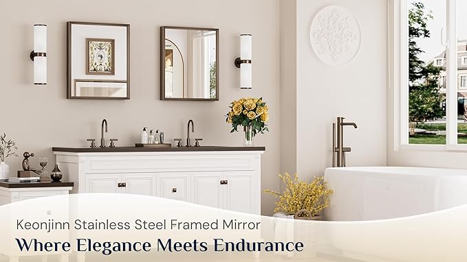 Keonjinn 16 x 20 Inch Small Stainless Steel Framed Mirror, Brushed Bronze Bathroom Vanity Mirror, Anti-Rust, Curved Edge, Shatter-Proof Tempered Glass, Square Rectangle Wall Mirrors for Over Sink
