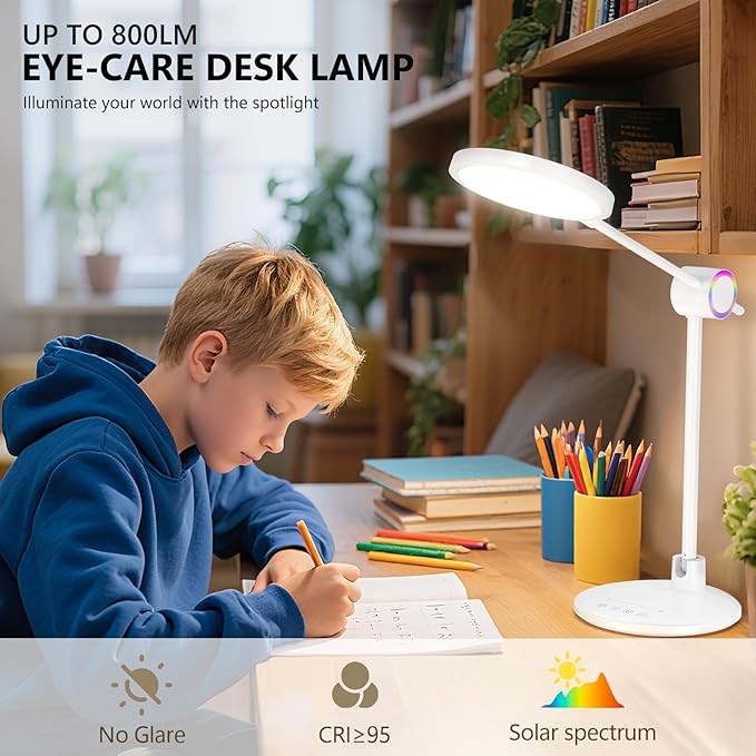 Desk Lamp for Home Office, 800LM Bright Eye-Caring Desk Light, 2900K-5800K Dimmable Table Lamps, Touch Control Computer Light for Reading,Dorm Study