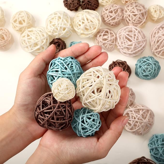 Patelai 72 Pcs Wicker Rattan Balls Decorative Balls for Vase Centerpiece Bowls Orbs Filler for Spring Summer Craft Home Decor, 4 Sizes(Light Blue, Light Brown, Dark Brown, White)
