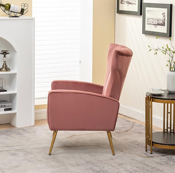Modern Velvet Accent Chair, Channel Tufted Bedroom, Office or Living Room Furniture with Elegant Metal Legs, 26" Wide Armchair, Rose