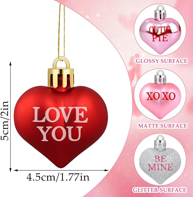36 PCS Valentine's Day Heart Hanging Ornaments Red Pink Silver Glitter Heart Shaped Baubles Valentines Day Tree Hanging Decorations for Home Wedding Anniversary Party Decoration