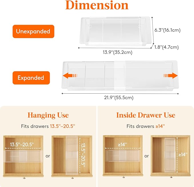 Lifewit 2 Pack Sliding Makeup Drawer Organizer Trays with Inserts, Extendable Hanging Desk Drawer Divider, Fits 13-20" Deep Drawers for Vanity, Office, Kitchen, Translucent
