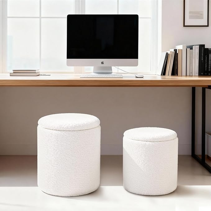 CAROLMADE Set of 2 Round Ottoman with Storage, Upholstered Vanity Stool Support 330lbs Multifunctional Coffee Table Ottoman Boucle Foot Rest Stool or Living Room Bedroom Dorm (White)