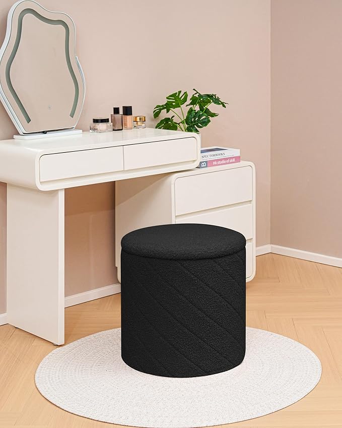 Round Boucle Storage Ottoman with Reversible Wood Tray, 17.7" Sherpa Cylinder Footrest Stool with Storage, Upholstered Folding Ottoman Coffee Table for Living Room Bedroom Dorm, Black