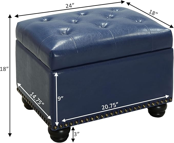 Convenience Concepts Designs4Comfort 5th Avenue Upholstered Storage Ottoman 24" - Contemporary Foot Stool and Seat with Hinged Lid for Living Room, Dining Room, Office, Den, Dark Blue Fabric