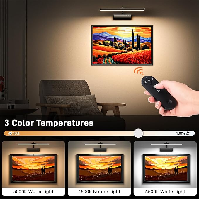 Picture Light, 15.35inch Wireless Picture Lights for Wall Rechargeable, 5400mAh Battery Wall Light with Remote, 3 Color Art Lighting for Paintings with Timer and Dimmable Artwork Display (Black-2PCS)
