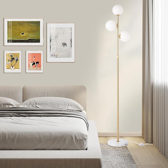 vallerico 3-Globe Mid Century Modern Floor Lamps for Living Room, Adjustable Height Standing Lamp with Marble Base, Gold Tall Lamp with Frosted Glass Shades, Pole Lamps for Bedroom, Bulbs Included