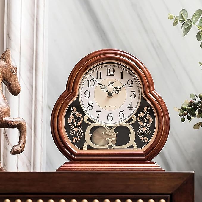 Wooden Mantel Clock with Silent Movement - Vintage Table Clock for Living Room Fireplace Mantel Decor