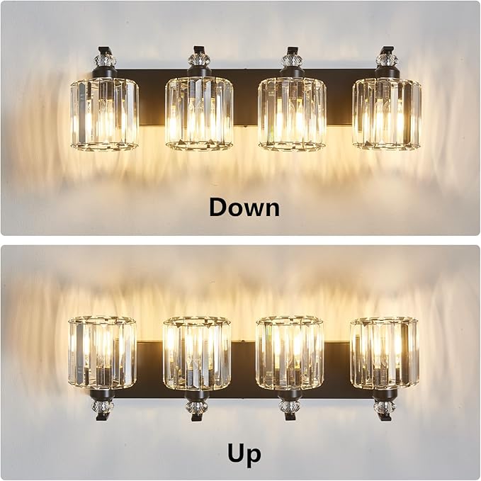 4-Light Black Bathroom Light Fixture Modern Vanity Lights Over Mirror Vintage Wall Sconce Lighting for Bathroom, Bedroom, Living Room, Hallway E26 Base with Crystal Bathroom Vanity Light