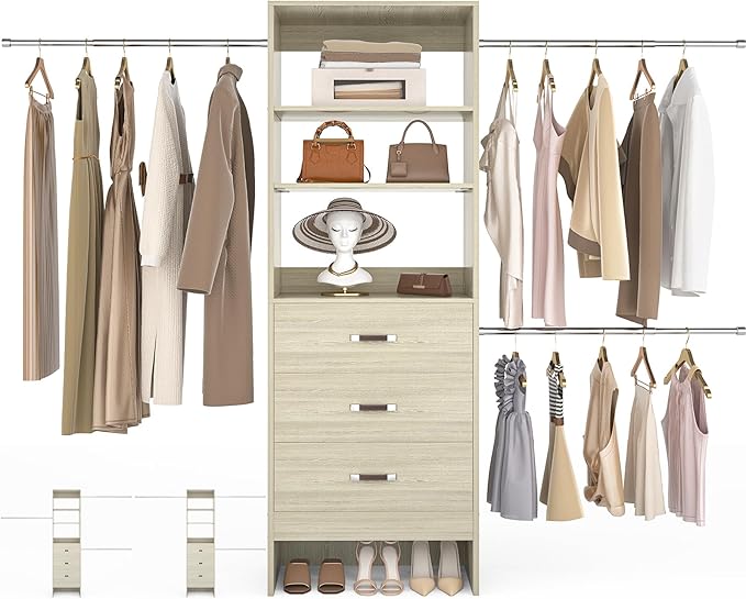 96'' Closet Organizer System with 3 Hanging Rods, 8FT Closet Organizers and Storage with 3 Wooden Drawers, Built in Closet Organizer Systems, Adjustable Walk-in Wardrobe from 2-8FT, White Oak