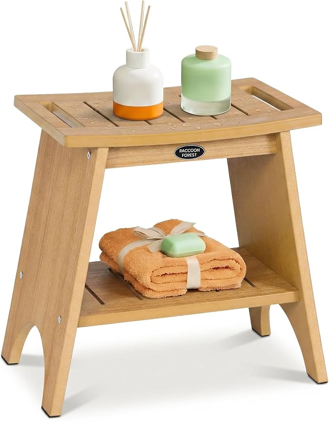 Shower Stool for Inside Shower, Shower Benches for Shaving Legs, 500lbs Shower Chair With Space-Efficient Storage Shelf, Waterproof Shower Seat for Spa Bathroom, Indoor or Outdoor 18”x17” (Teak Style)