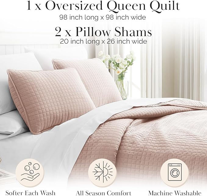 Southshore Fine Living, Inc. Full/Queen Quilt Set, Stitched Full Size with 2 Matching Pillow Shams, Lightweight Quilt Coverlet, Easy Care Machine Washable Queen Size Quilt Bedspread, Blush