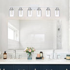 MELUCEE 6-Light LED Bathroom Vanity Light 5 Color Dimmable, Modern Chrome Vanity Lights Bathroom Light Bar Wall Sconce Lamp with Crystal Bubble Clear Glass Shade, Built-in LED Chips
