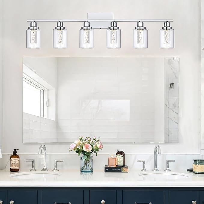 MELUCEE 6-Light LED Bathroom Vanity Light 5 Color Dimmable, Modern Chrome Vanity Lights Bathroom Light Bar Wall Sconce Lamp with Crystal Bubble Clear Glass Shade, Built-in LED Chips