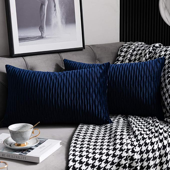 Navy Striped Couch Pillow Cases: 2 Pack 12x20 Inch Original Velvet Rectangular Throw Pillow Covers for Farmhouse Home Decor