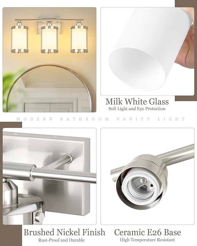 3-Light Brushed Nickel Bathroom Light Fixtures with Milk Frosted Glass, 21" Modern Bathroom Vanity Lighting Fixtures Over Mirror with Metal Cage, Wall Sconce Lights for Bath, E26, OS-3014BNW-3W
