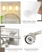 3-Light Brushed Nickel Bathroom Light Fixtures with Milk Frosted Glass, 21" Modern Bathroom Vanity Lighting Fixtures Over Mirror with Metal Cage, Wall Sconce Lights for Bath, E26, OS-3014BNW-3W