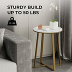 Round End Tables, Small Side Table White Marble Texture MDF Top,Metal Frame Gold Color, Tall End Table for Bed Room,Coffee Tea End Table for Living Room (White Marble+Gold)