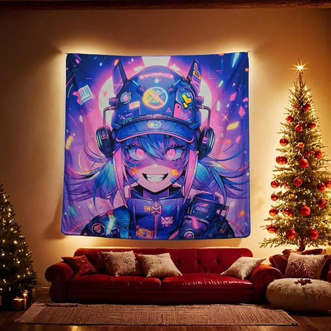 HOUHUANG Hanging paintings, blacklight tapestry, murals, and decorative paintings, fluorescent anime, cartoons, polyester material (59 "x 59") for families, bars, and outdoor parties (Cool girl)