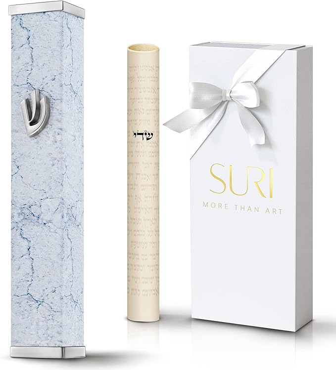 SURI Mezuzah for Door – 3.8 Inch Marble Aluminum Mezuzah Holder with Printed Scroll, Contemporary Judaica Design, Fits a 3 Inch Scroll, Self-Stick Adhesive, Gift Box Included