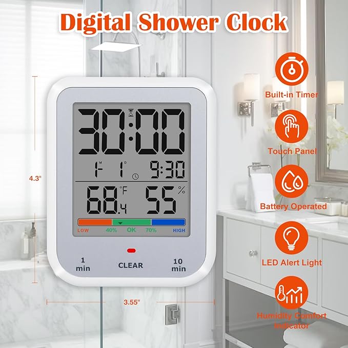 Geevon Digital Bathroom Clock, Waterproof Shower Timer with Large Touch Screen, Battery Operated Bathroom Wall Clock with Temperature & Humidity Display - Suction Cup/Hanging Hole/Stand (Silver)