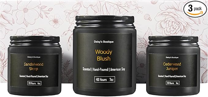 3 Pack Scented Candles for Home Aromatherapy Candle Gift Set Soy Wax Long Lasting Gift Birthday Mother's Thanksgiving Day Present (Black Jar (Sandalwood + Woody Blush + BlackCedarJuniper))