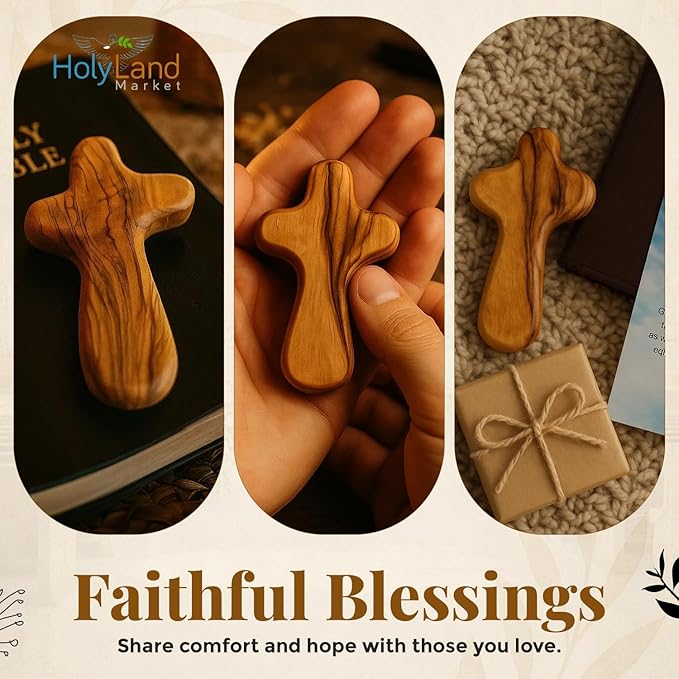Holy Land Market Olive Wood Crosses - 25 Small 2.5" Pocket Palm Crucifix | Handmade Jerusalem Crosses with Certificates & Lord Prayer Card | Meditation & Prayer Crosses Holy Land Olive Wood Cross x25